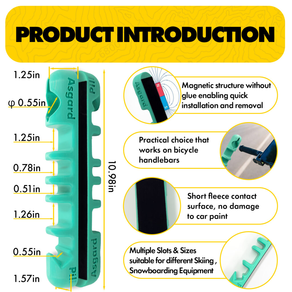 Product introduction infographic for Asgard Pill magnetic ski and snowboard holder showing dimensions, magnetic back, and multi-slot design