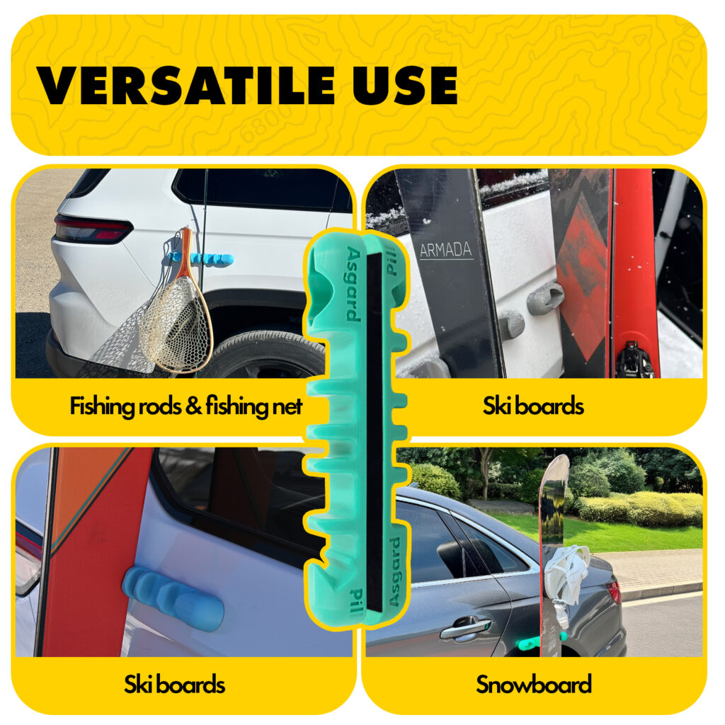 Versatile use infographic showing Asgard Pill holding fishing gear, skis, and a snowboard against parked vehicles