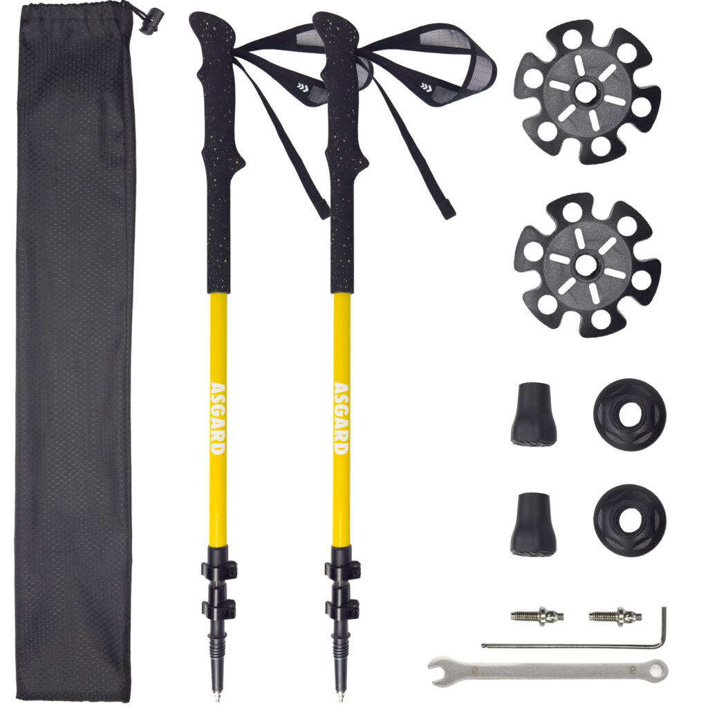 Set of Asgard Hydrogen Poles 2.0 with baskets, rubber tips, replacement tips, bag, wrench, and hex tool