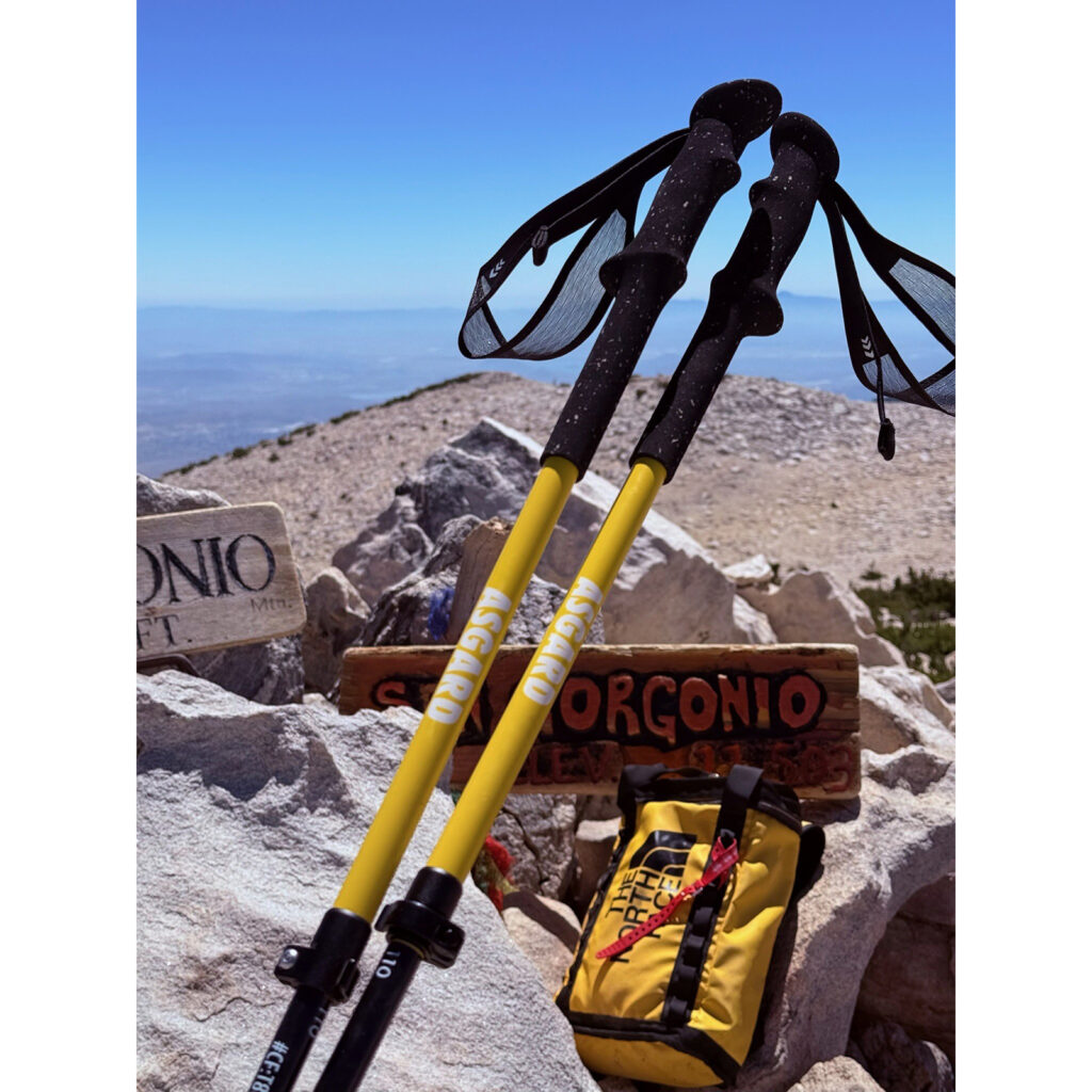 Asgard Hydrogen Poles 2.0 at Mt. San Gorgonio summit with rocky summit markers