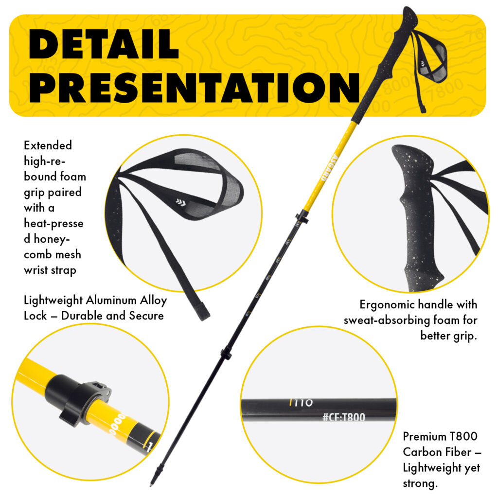 Hiking pole details: breathable strap, ergonomic handle, lightweight alloy lock, T800 carbon fiber