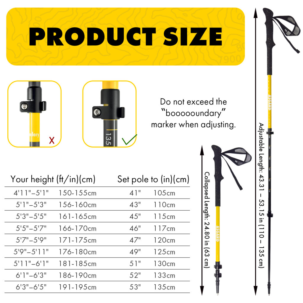 Product size guide for Asgard Hydrogen Poles 2.0 showing adjustable length and recommended user height