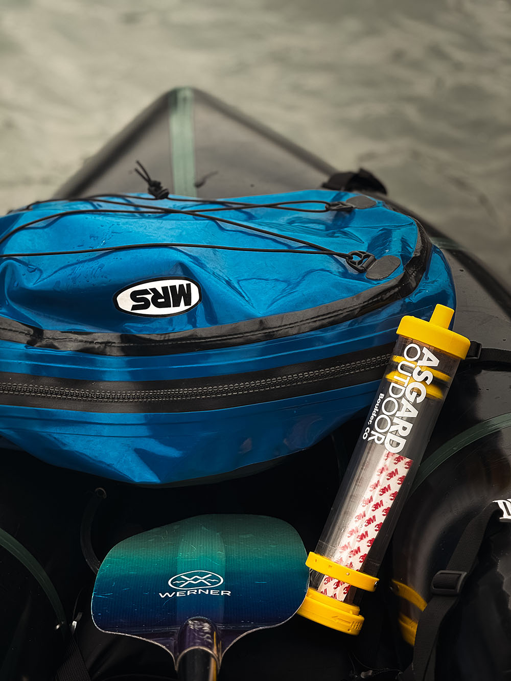 Kayak gear including an Asgard Air Pump, Werner paddle