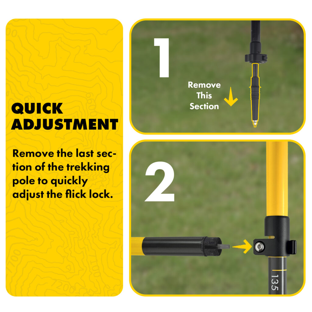 Quick adjustment graphic for Asgard Hydrogen Poles 2.0 showing how to remove the last section to tune the flick lock