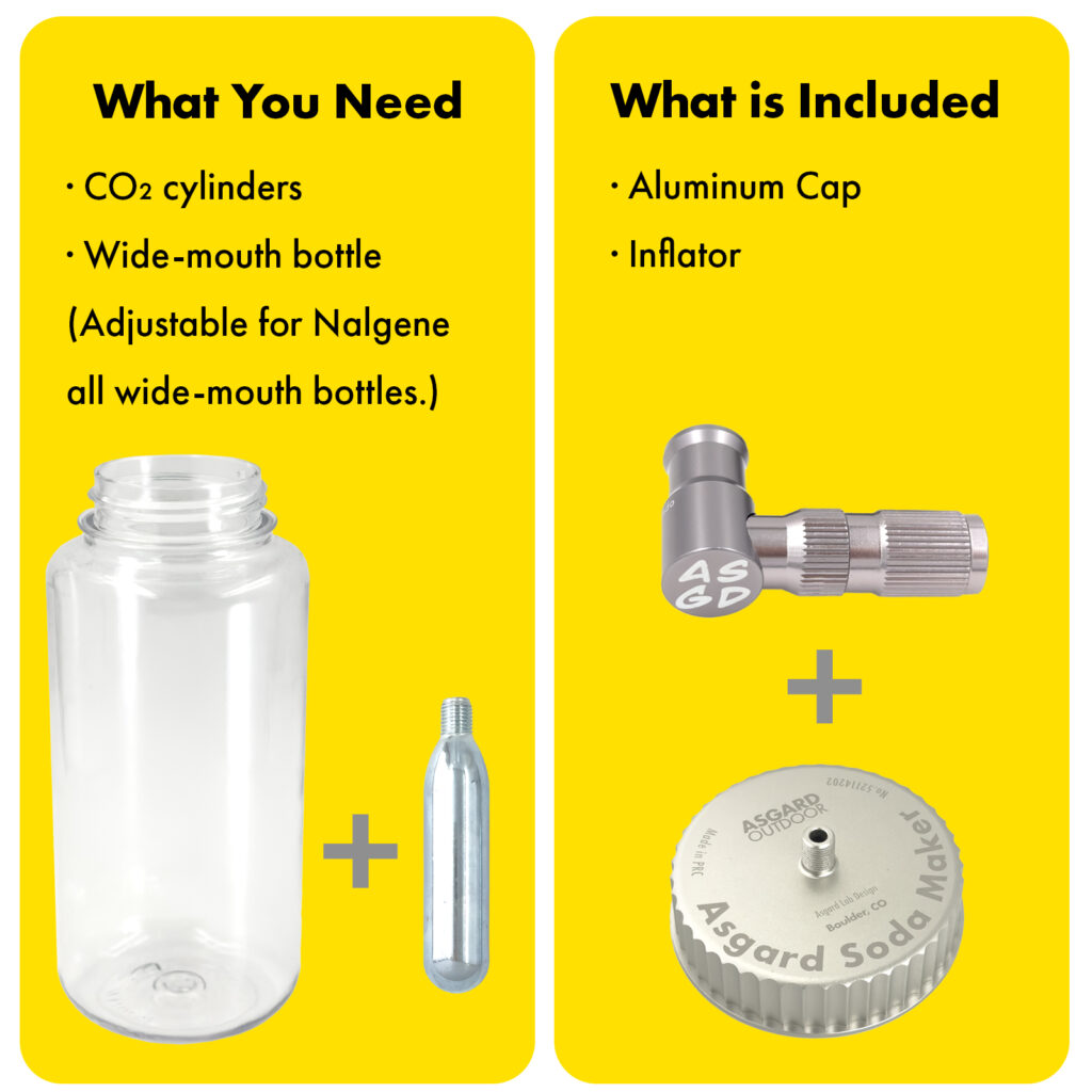 Asgard Soda Maker Kit showing needed CO2 cylinders and wide-mouth bottle, included aluminum cap and inflator