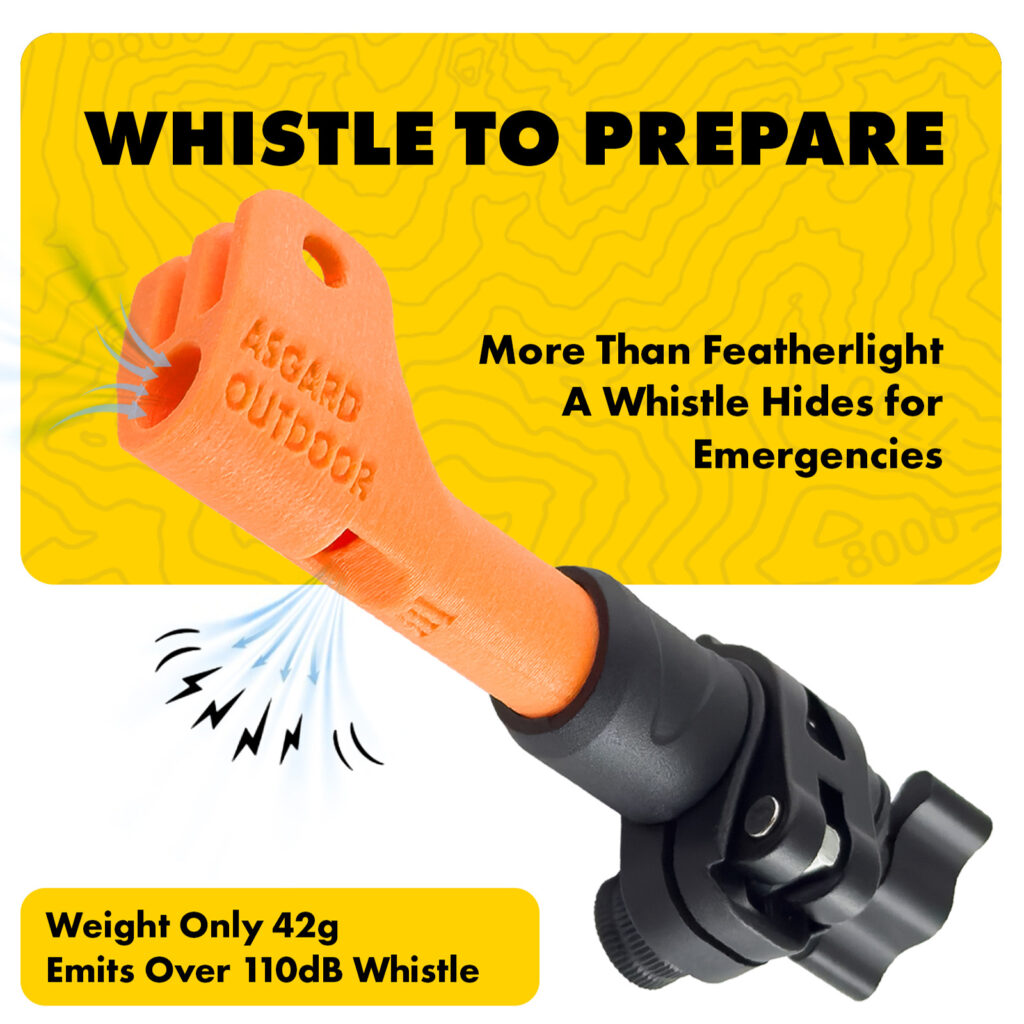Black outdoor camera mount featuring a bright orange integrated emergency whistle.
