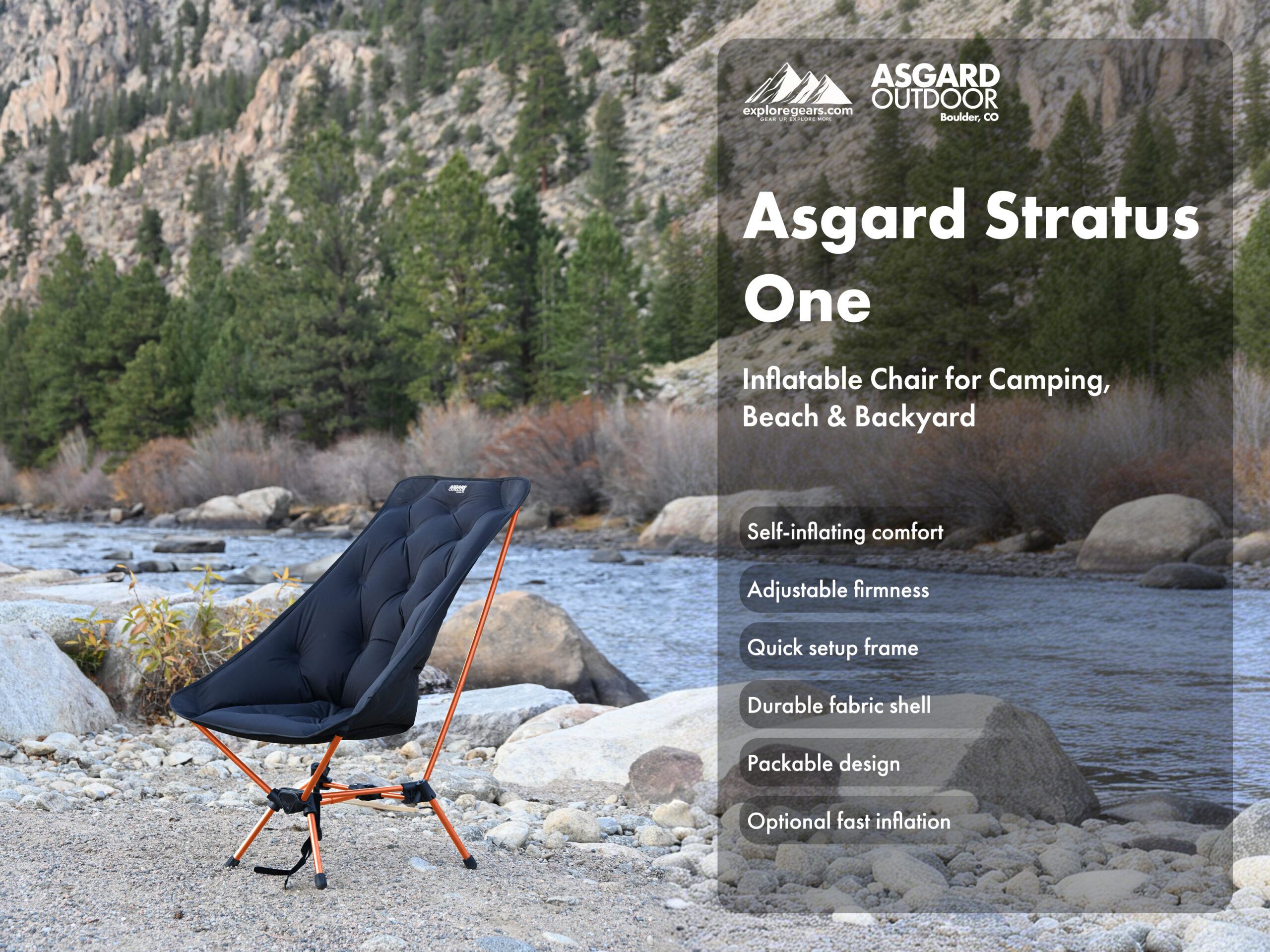 Asgard Stratus One inflatable camping chair set up by a riverside for lightweight outdoor lounging