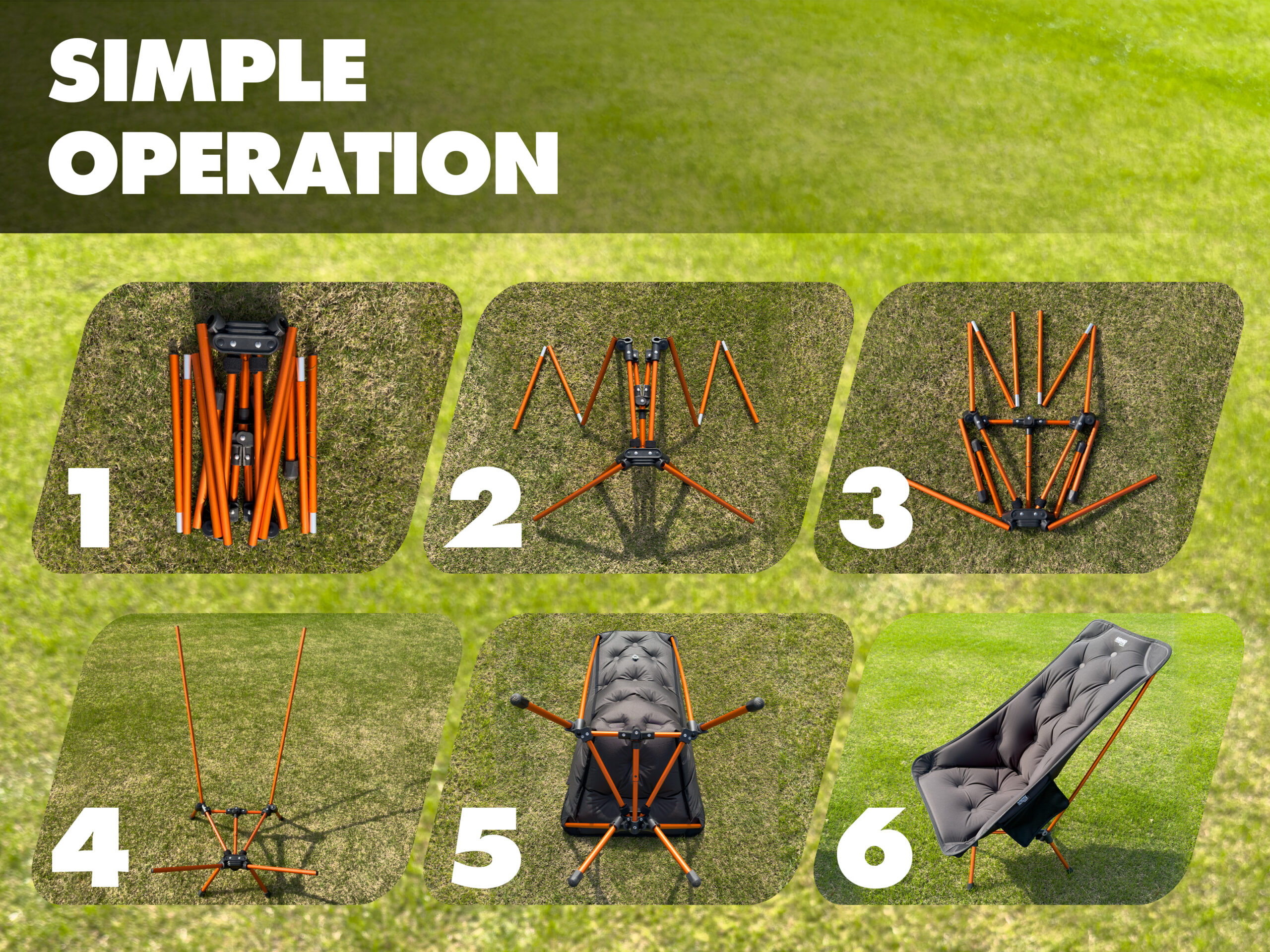 Step-by-step setup sequence of the Asgard Stratus One inflatable camping chair showing simple operation and quick assembly