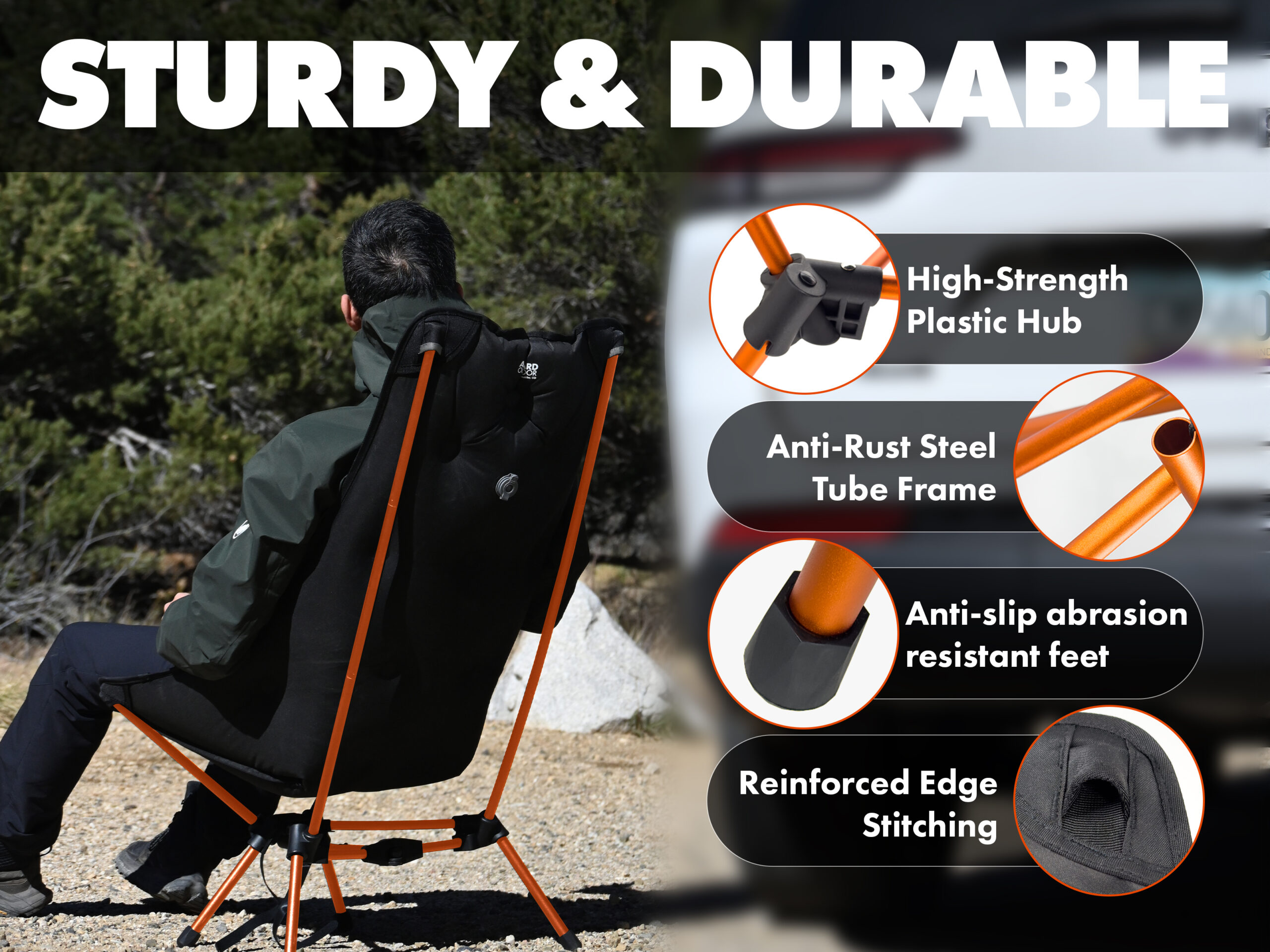 Asgard Stratus One inflatable chair durability details showing steel tube frame, plastic hub, anti-slip feet, and reinforced stitching