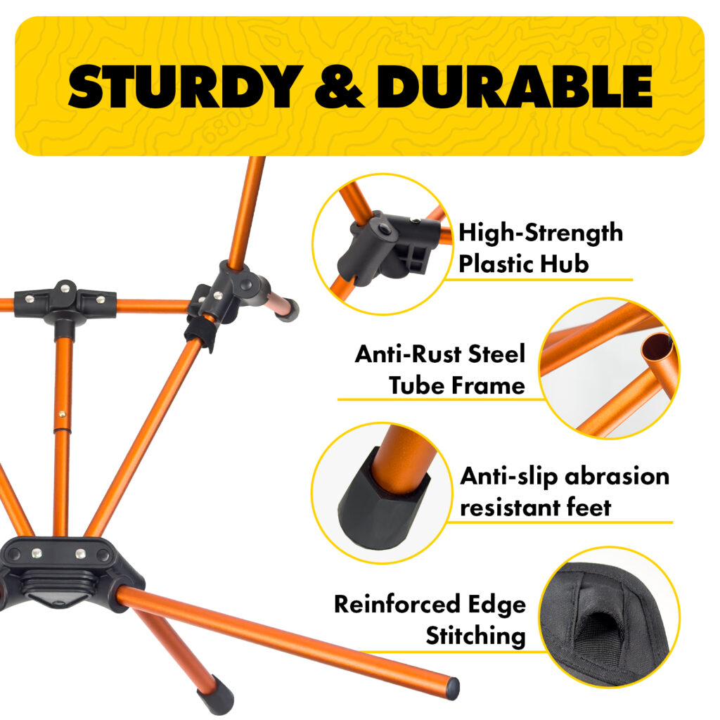 Inflatable chair frame with high-strength hub, anti-rust steel, and reinforced stitching