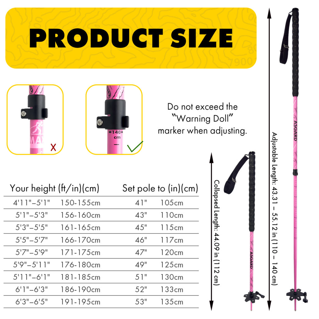 Size guide for ski pole with height and pole length chart