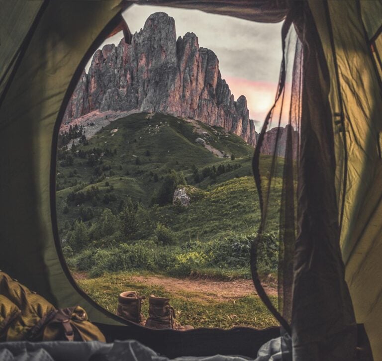 Tent at a frontcountry campground by a creek at sunrise, Big South Fork camping overview