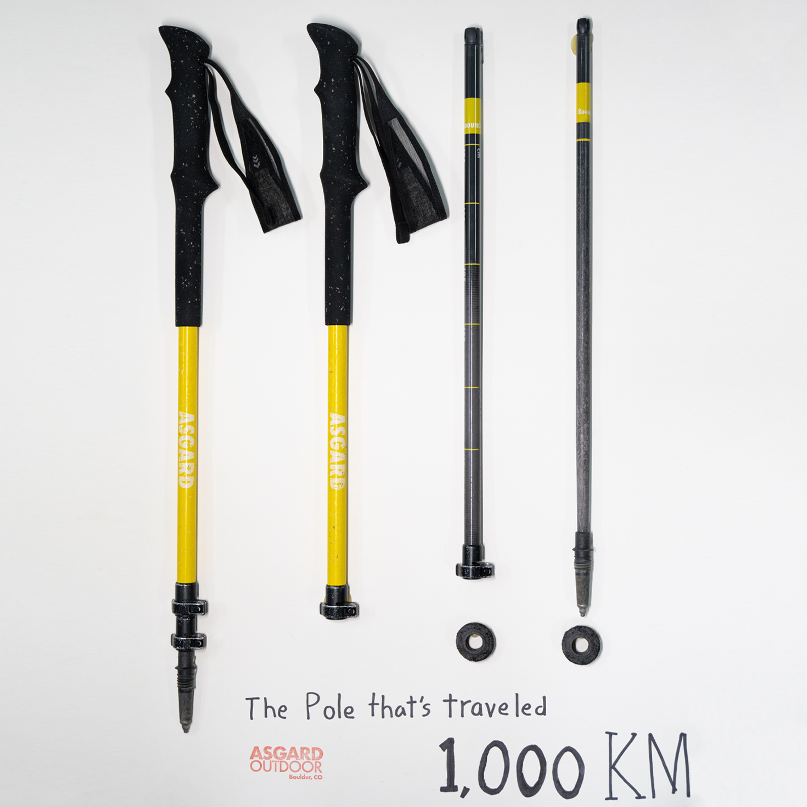 Flat lay of Asgard Hydrogen Poles 2.0 showing full pole components and tips with “The pole that’s traveled 1,000 KM” message.