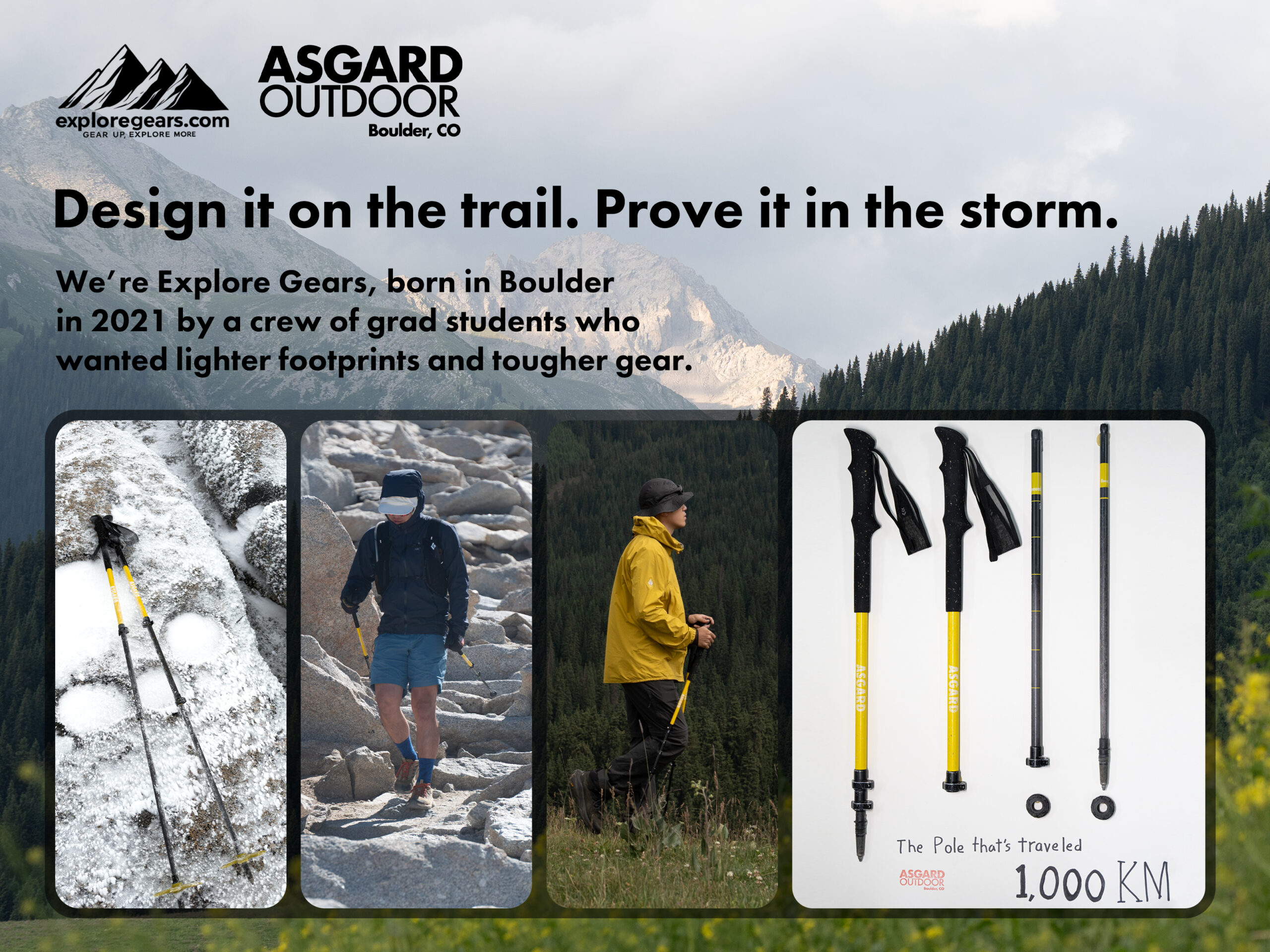 Explore Gears and Asgard Outdoor brand story image featuring Hydrogen Poles 2.0 built for tough trails and storm conditions.