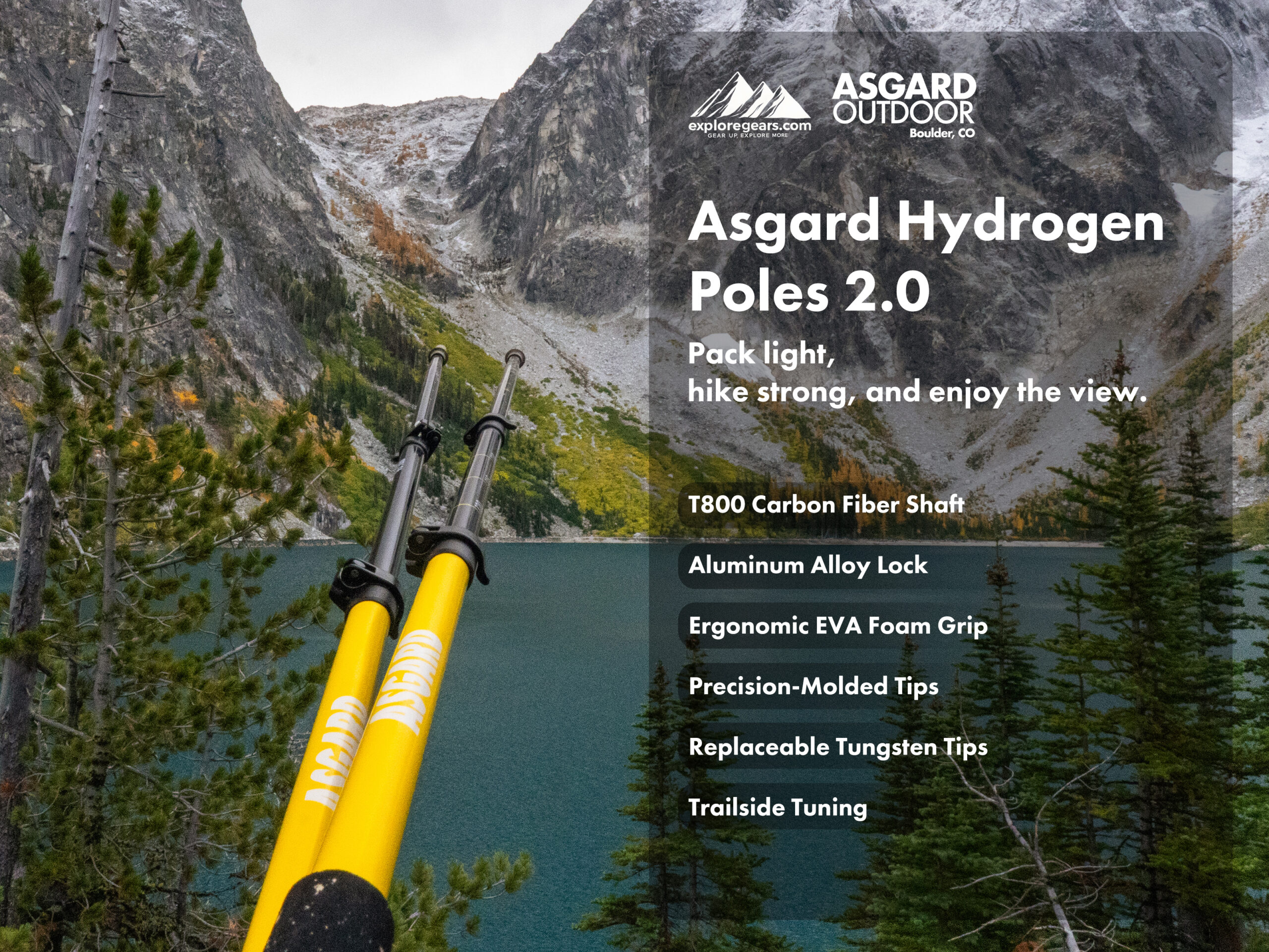 Asgard Hydrogen Poles 2.0 ultralight hiking poles with T800 carbon fiber shaft, EVA grip, alloy lock, and replaceable tungsten tips.