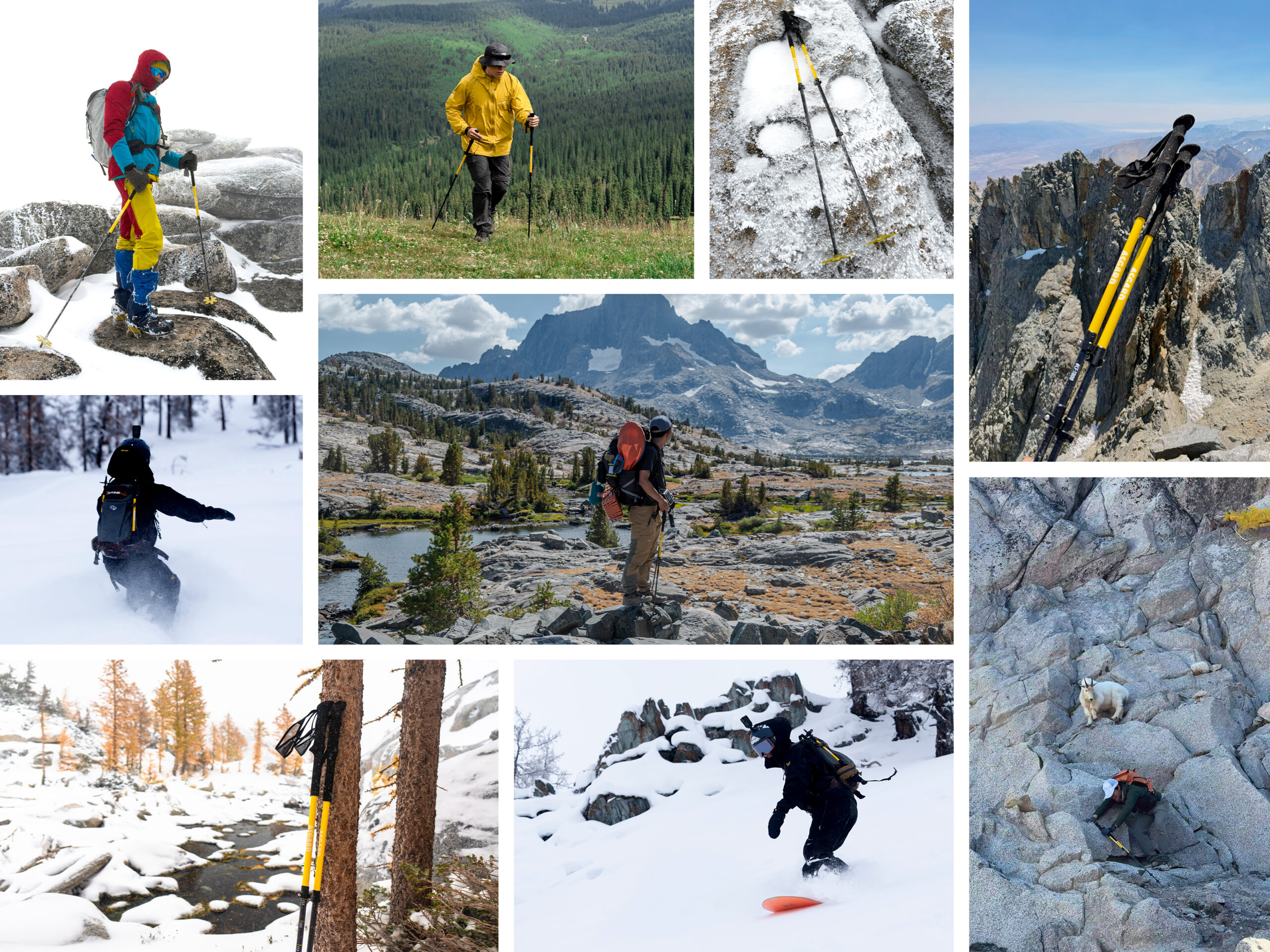 Collage of Asgard Hydrogen Poles 2.0 trekking poles field-tested on mountain trails, rocky summits, and alpine lakes.