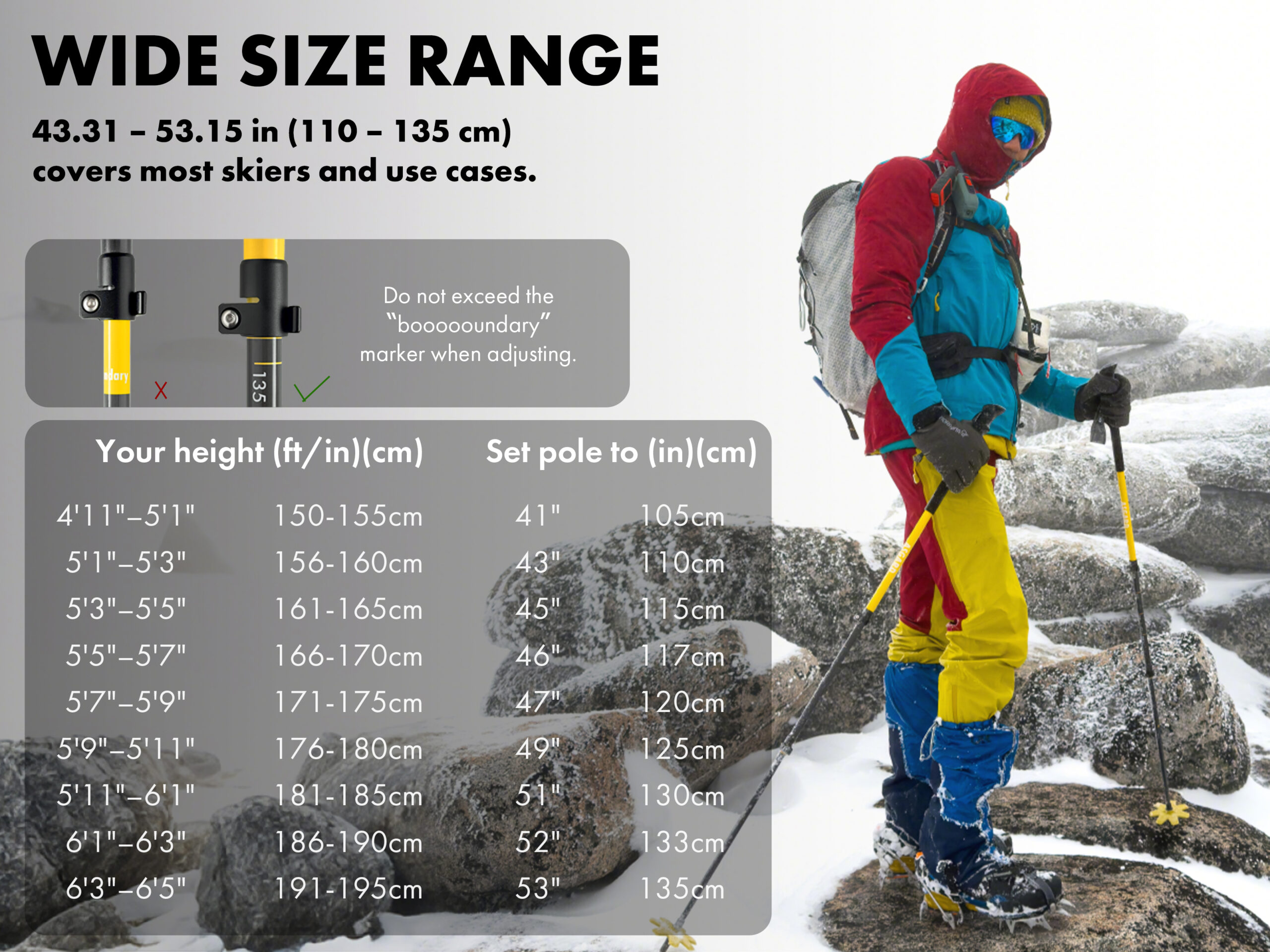 Asgard Hydrogen Poles 2.0 trekking pole size chart showing adjustable length range and recommended settings by user height.