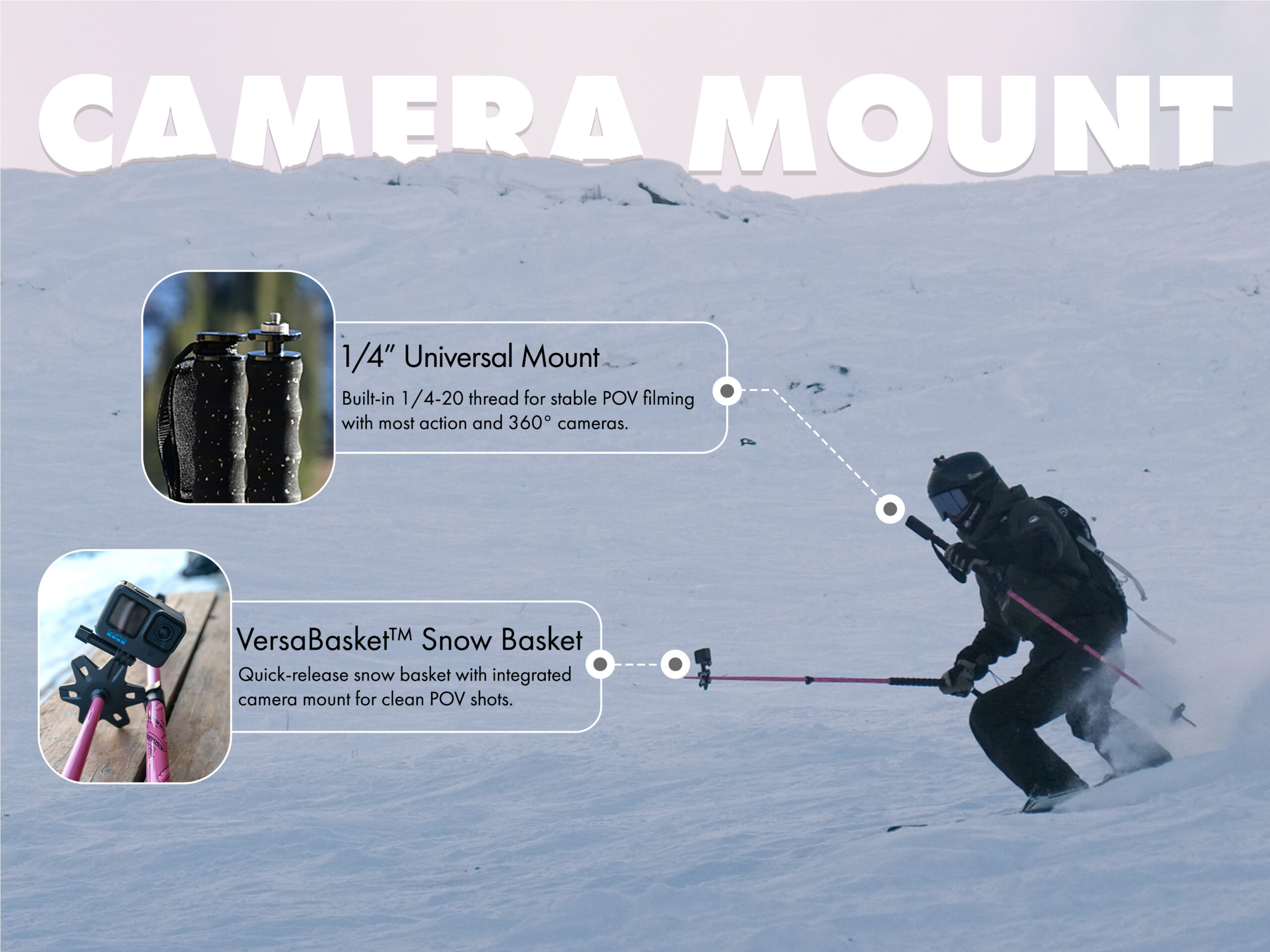 Asgard Ridge Ski Poles camera mount system with 1/4-20 universal thread and VersaBasket snow basket used for POV skiing footage.
