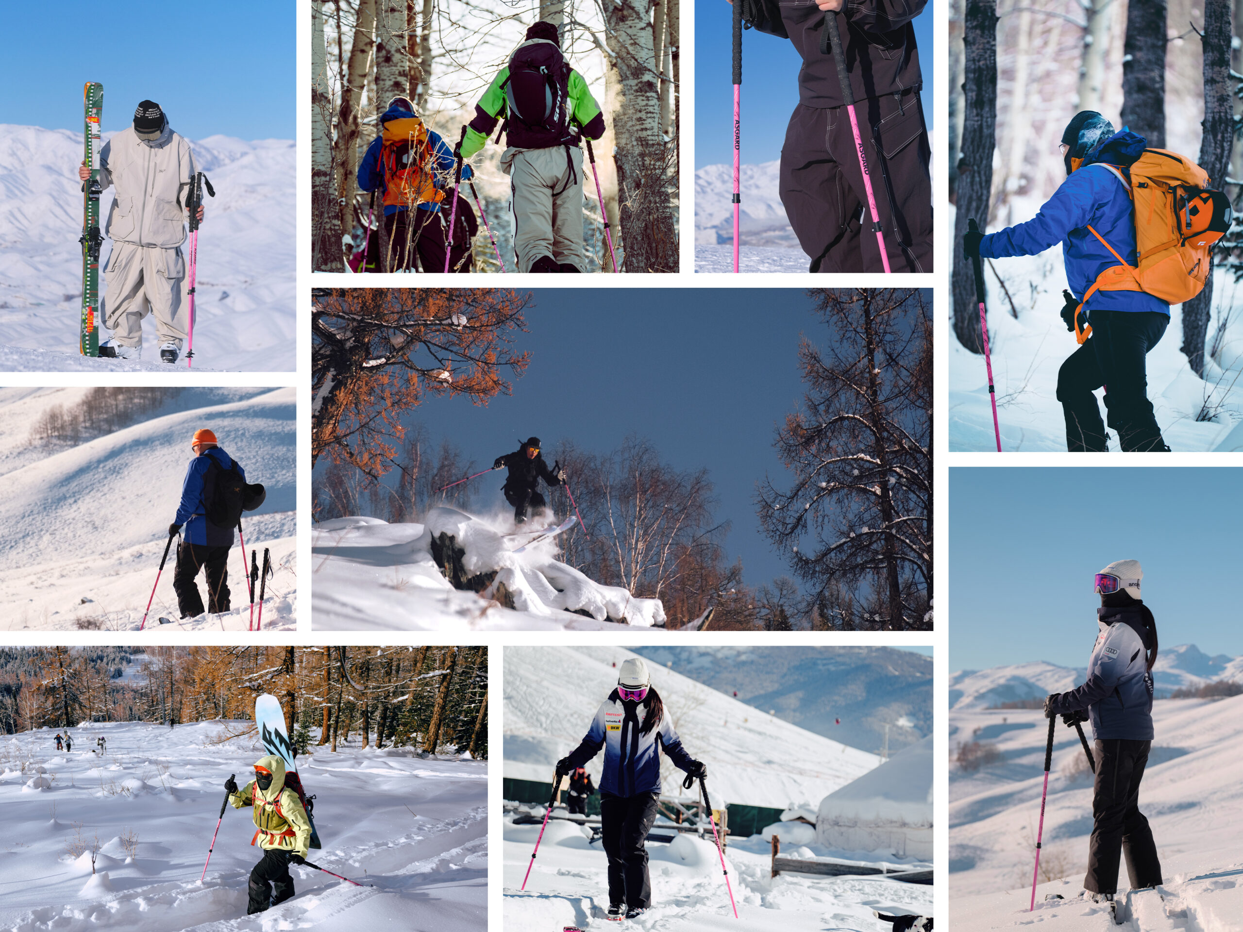 Collage of skiers using Asgard Ridge Ski Poles in deep snow, ski touring, backcountry terrain, and resort riding.