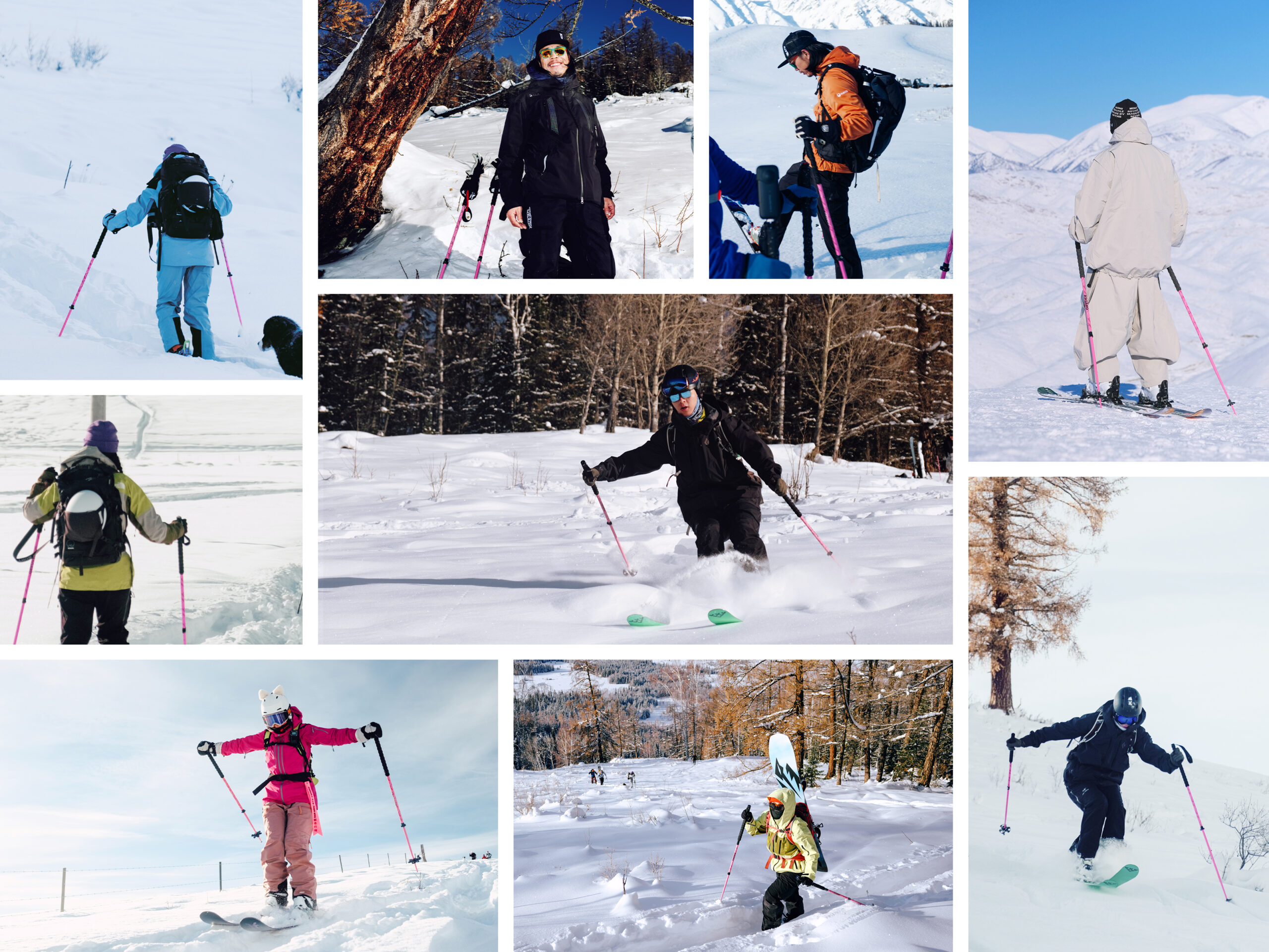 Collage of skiers and riders using Asgard Ridge Ski Poles on snowy slopes, powder fields, and forest terrain.