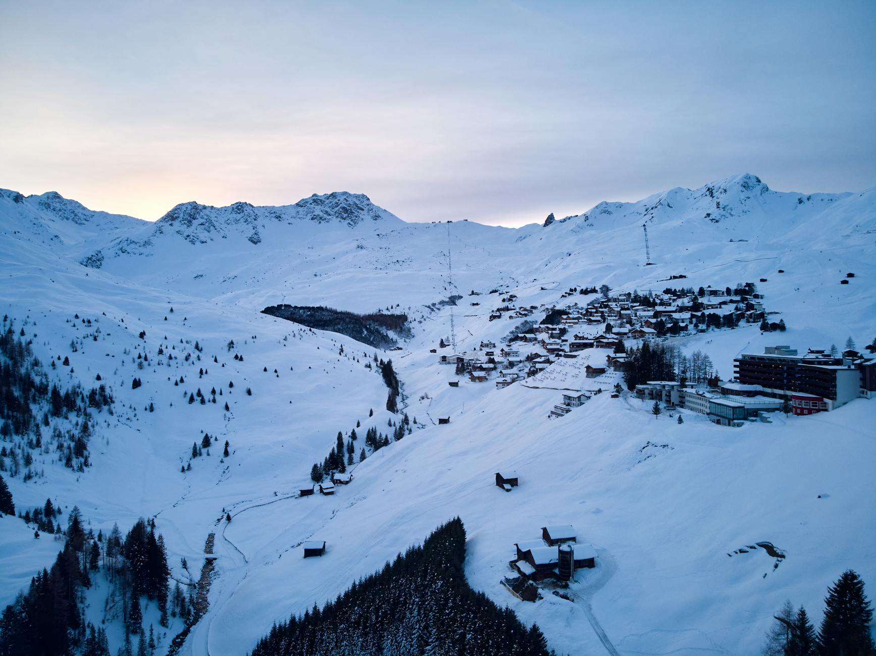 Aerial view of a summit ski village illustrating the upside-down layout like Snowshoe resort-photo-by-pexels