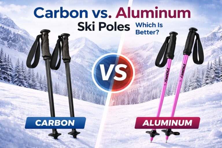 Carbon vs. aluminum ski poles comparison cover image with black carbon poles and pink aluminum poles on a snowy mountain background.