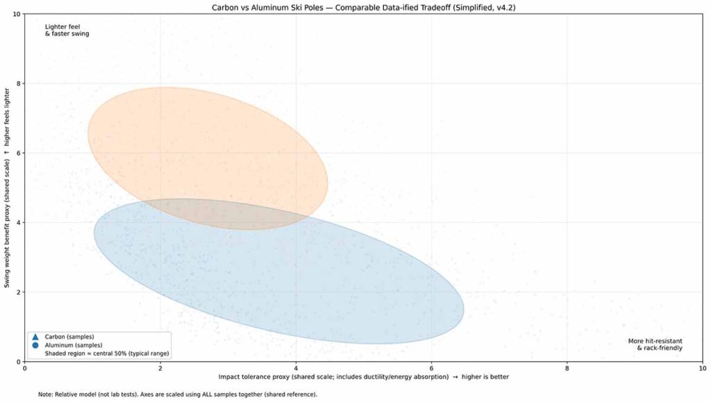 Chart comparing carbon vs aluminum ski poles: swing inertia benefit versus impact tolerance (shared-scale proxy)