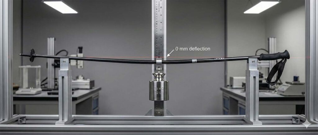 Ski pole flex test showing measured deflection under a fixed load.
