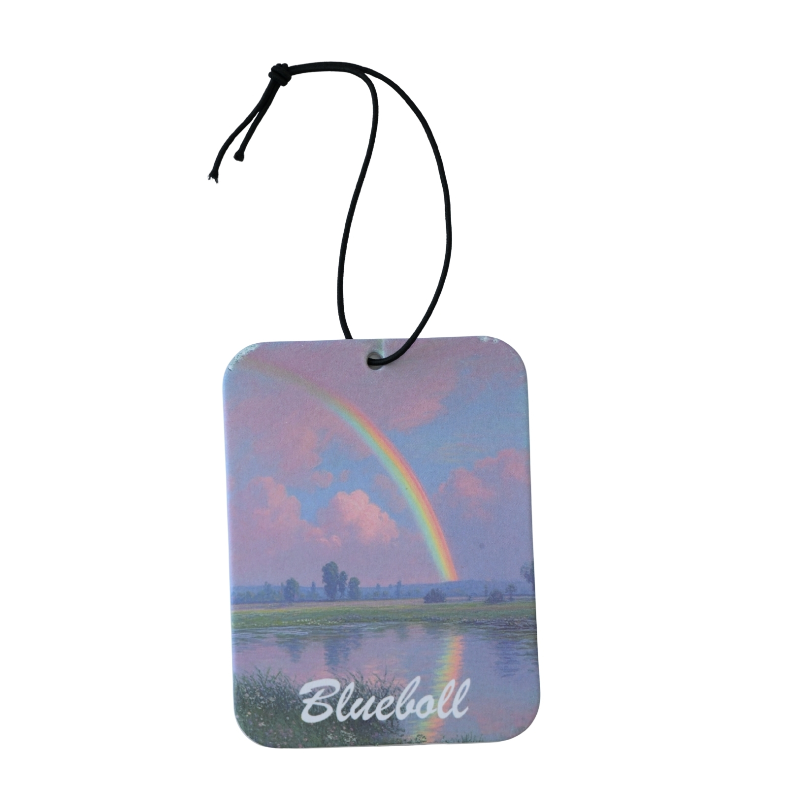 Bluebell hanging car air freshener scented card with a pastel rainbow over a lakeside landscape.