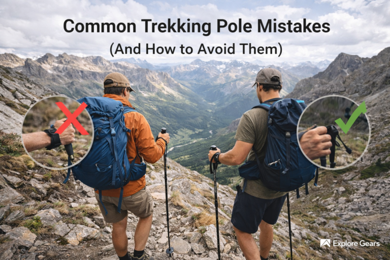 Hikers on a mountain trail demonstrating incorrect versus correct trekking pole wrist strap use