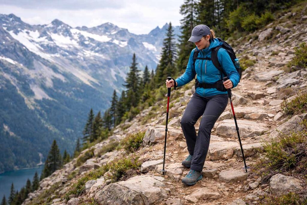 Hiker descending a rocky trail using trekking poles to absorb impact and reduce knee strain.