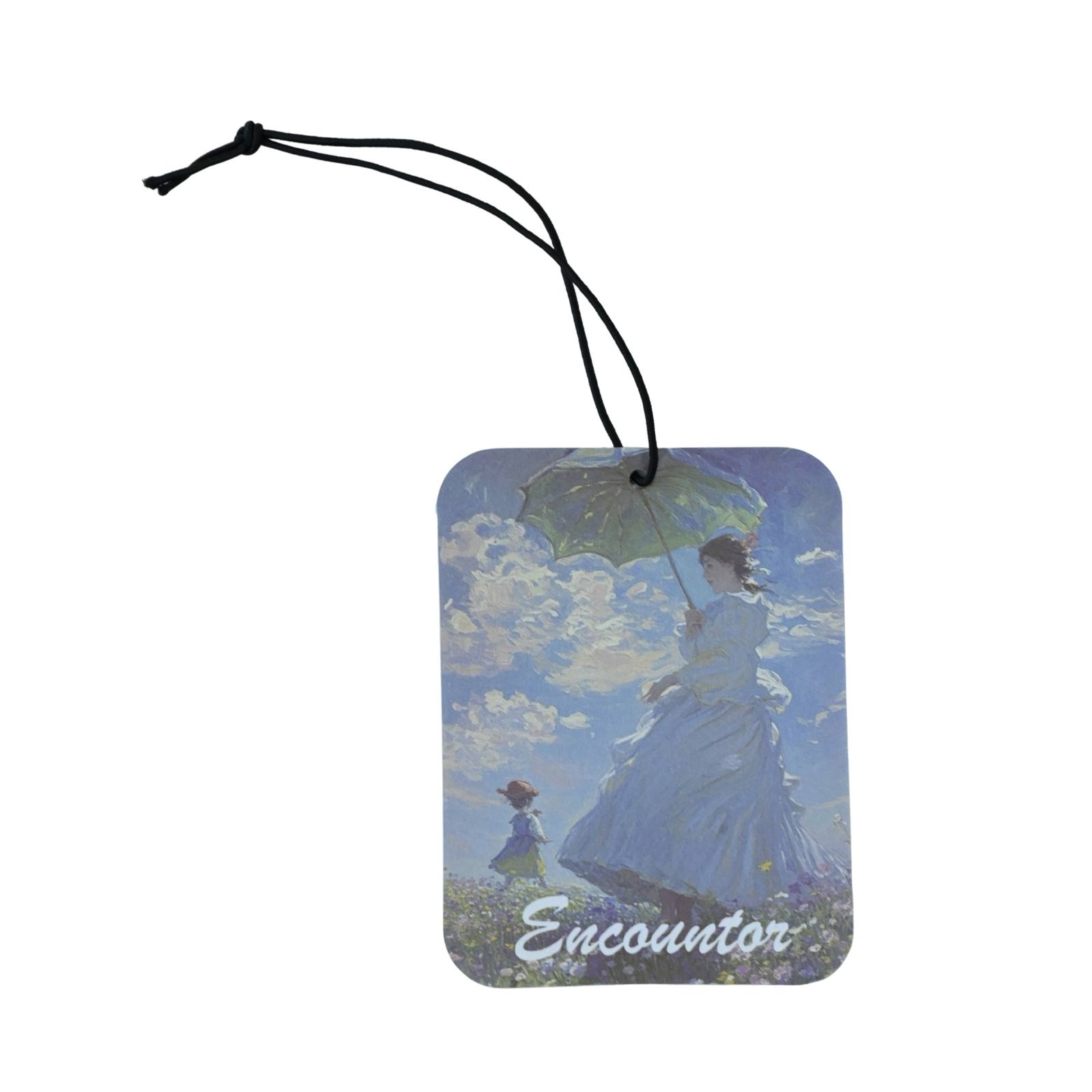 Encounter hanging car air freshener scented card with a woman holding an umbrella in a wildflower field.