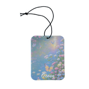 Ocean-themed hanging car air freshener scented card with butterfly and flowers.