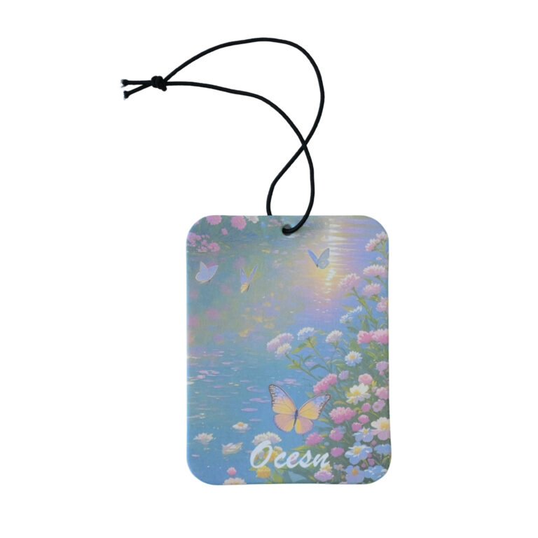 Ocean-themed hanging car air freshener scented card with butterfly and flowers.