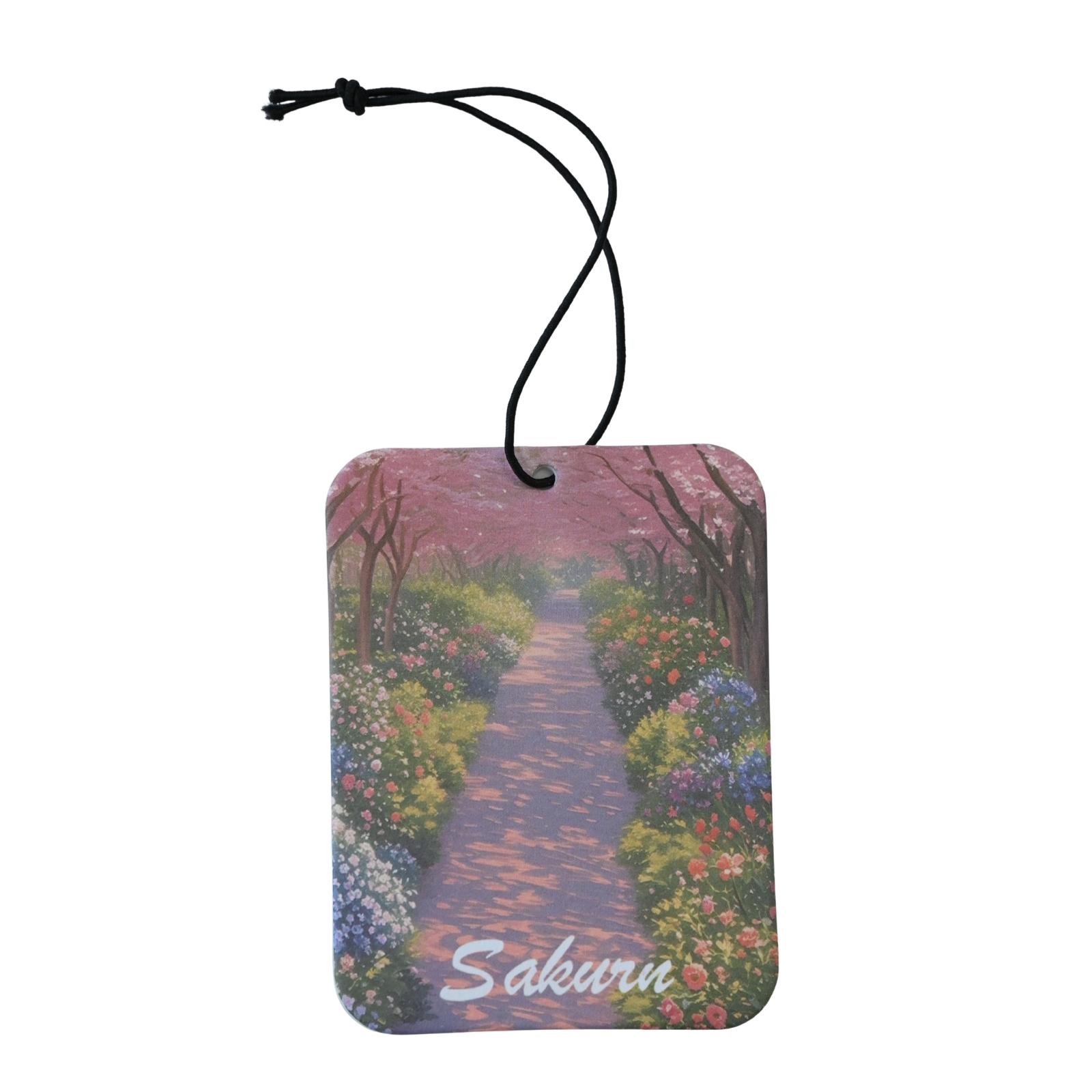 Sakura hanging car air freshener scented card with a pink blossom garden path design.