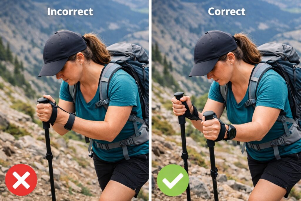Comparison showing incorrect versus correct trekking pole wrist strap use while hiking on a rocky trail
