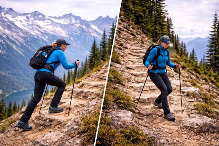 Hiker using trekking poles while ascending and descending a steep mountain trail.