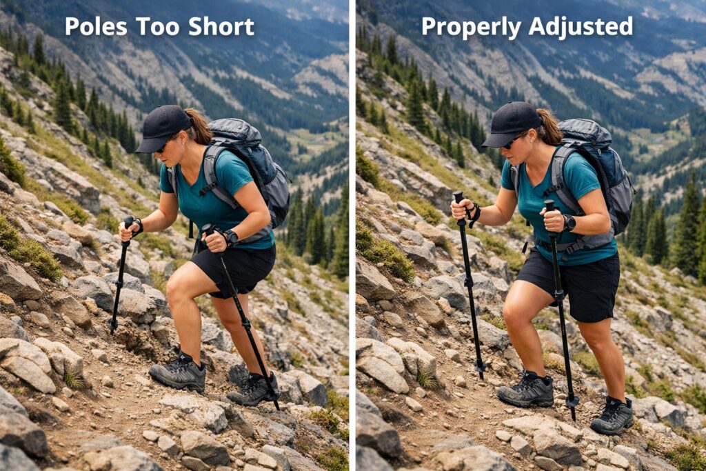 Comparison showing trekking poles set too short versus properly adjusted while hiking uphill on a rocky trail