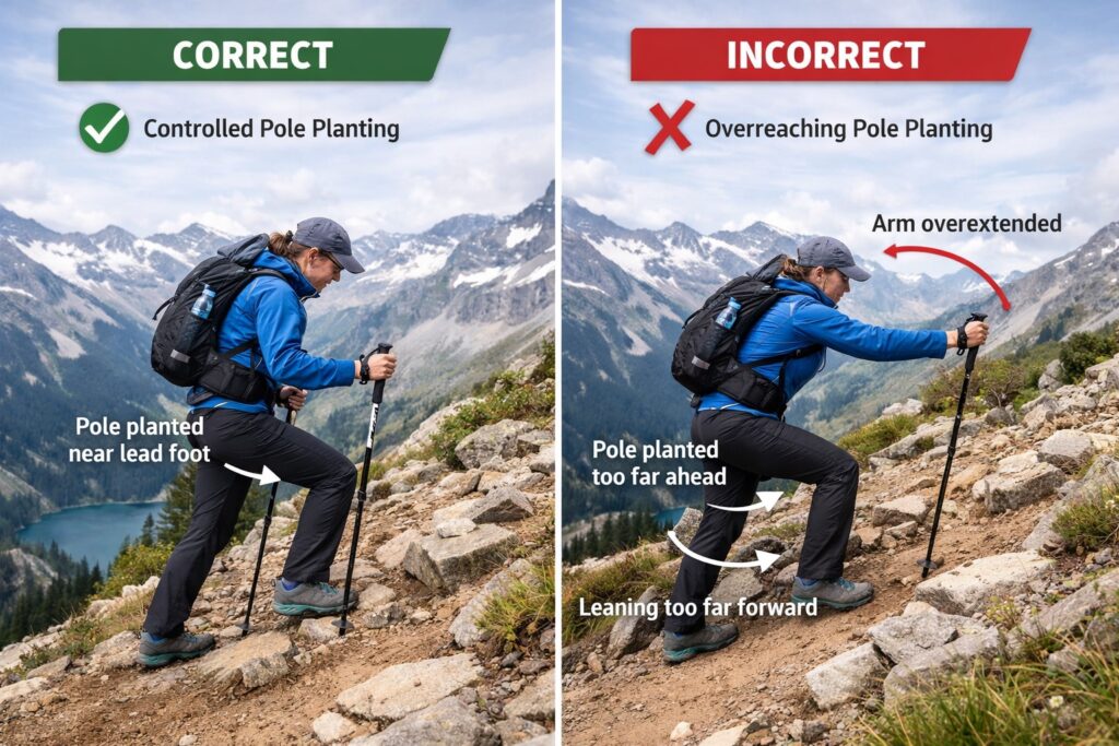 Side-by-side comparison of correct vs incorrect uphill trekking pole planting, showing controlled pole placement near the lead foot versus overreaching too far ahead.
