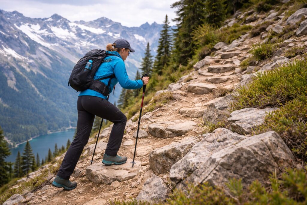Hiker ascending a steep mountain trail using trekking poles for balance and uphill support.
