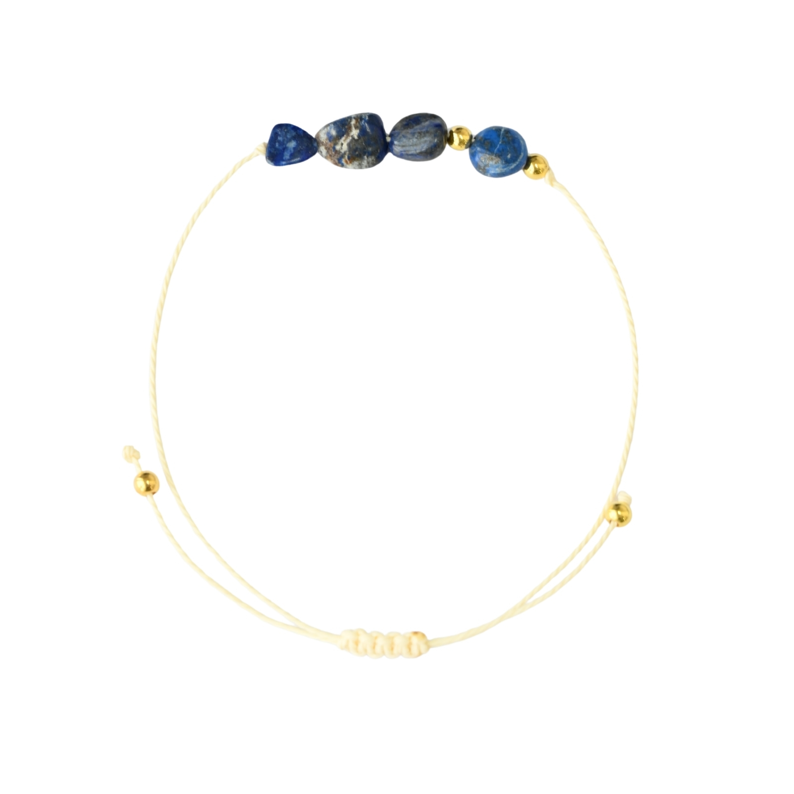 Asgard Abyss ID lapis mineral bracelet product photo with blue stone beads, gold-tone accents, and cream sliding cord.