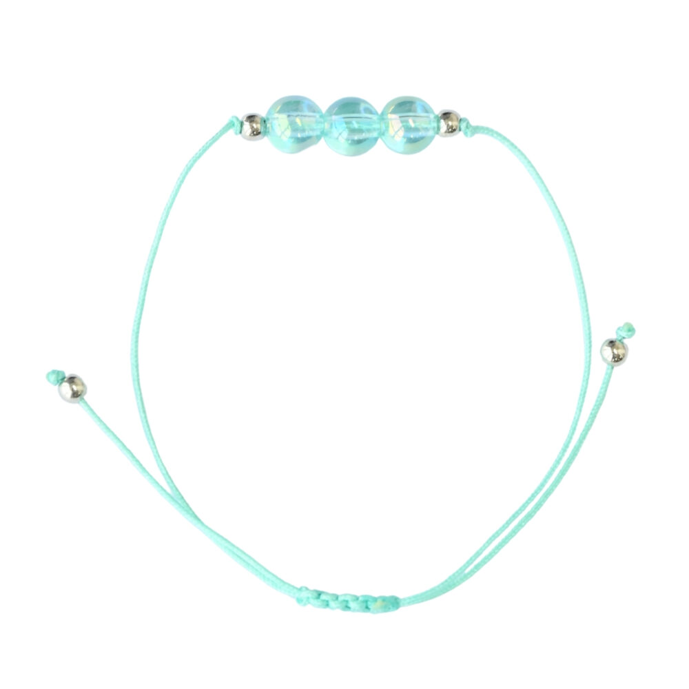 Asgard Alpine ID translucent cyan bracelet product photo with three translucent cyan beads, metallic accents, and adjustable cord.