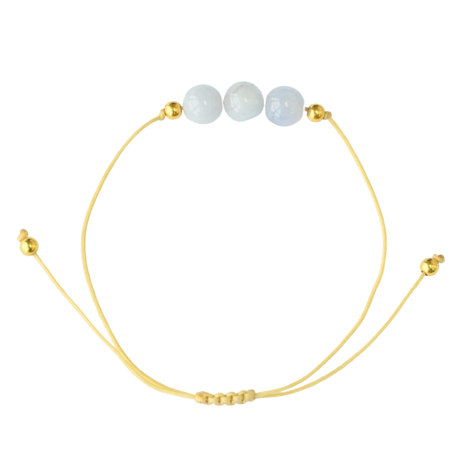 Asgard Glacier ID mist mineral bracelet product photo with pale blue mineral beads, gold-tone accents, and adjustable cord.