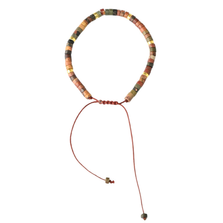 Asgard Terra ID earth-tone mineral bracelet with slim disc beads, metallic accents, and adjustable brown sliding cord on plain background.