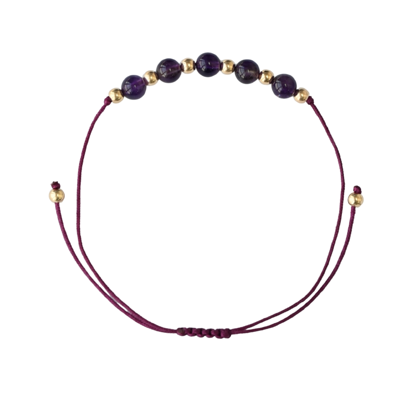 Asgard Twilight ID bracelet with deep purple mineral beads, gold spacer beads, and a plum adjustable cord on a light background.