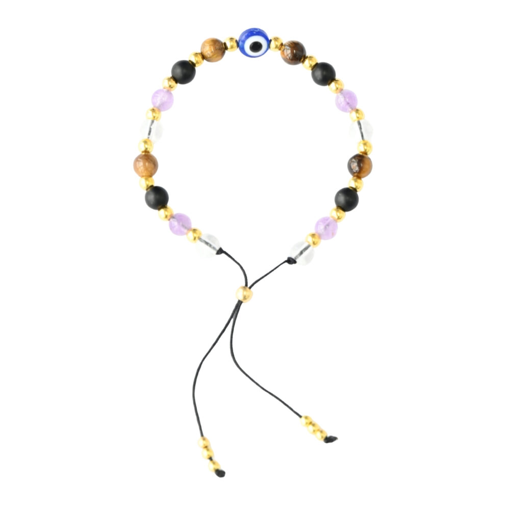 Asgard Vigil ID Trail-Tone Mineral Bracelet with mixed brown, black, clear, and violet beads, gold-tone accents, and a blue eye-style center bead.