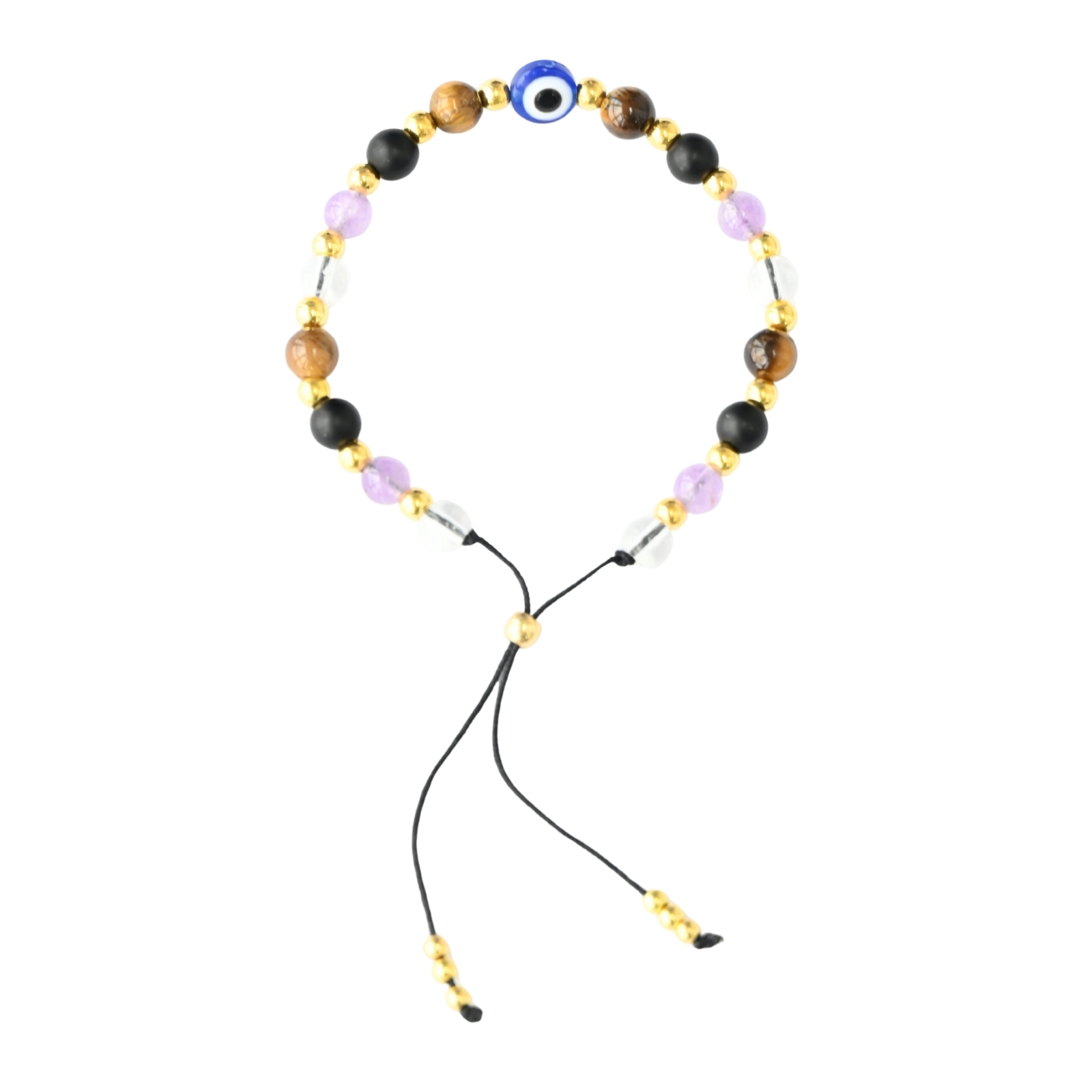 Asgard Vigil ID Trail-Tone Mineral Bracelet with mixed brown, black, clear, and violet beads, gold-tone accents, and a blue eye-style center bead.