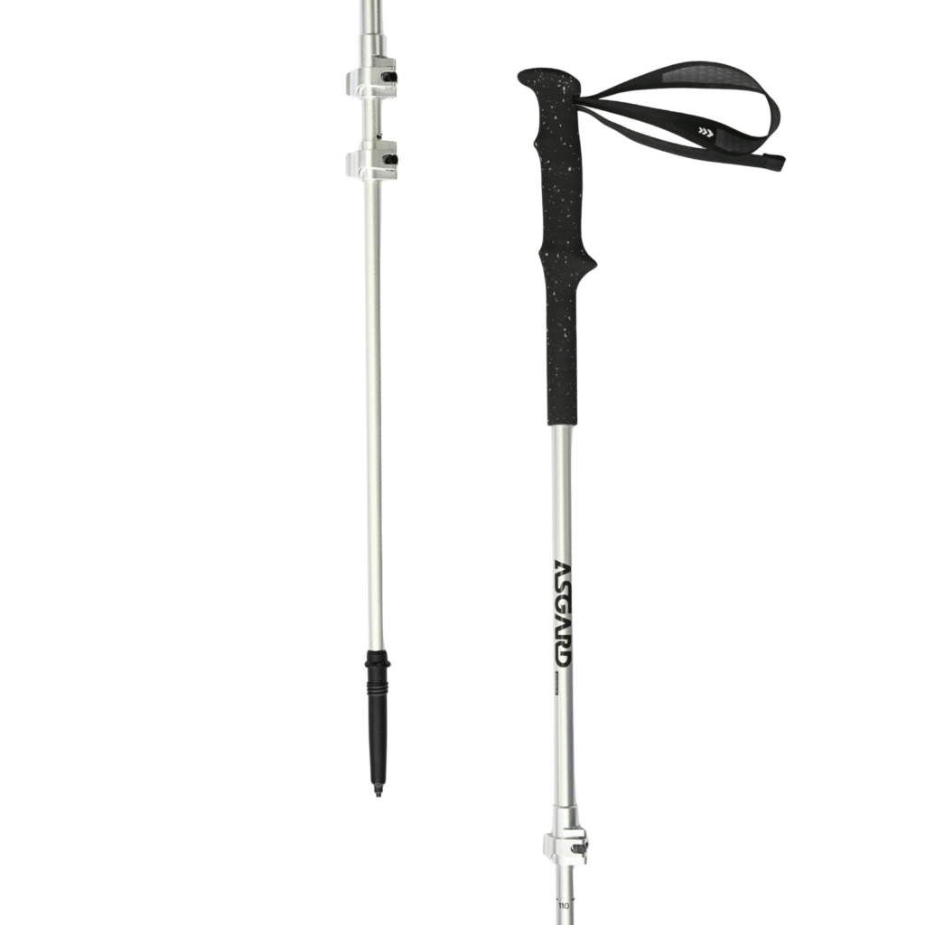 Front and back views of a silver Asgard aluminum trekking pole with EVA grip and wrist strap