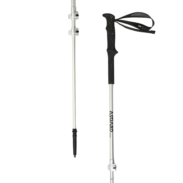 Front and back views of a silver Asgard aluminum trekking pole with EVA grip and wrist strap