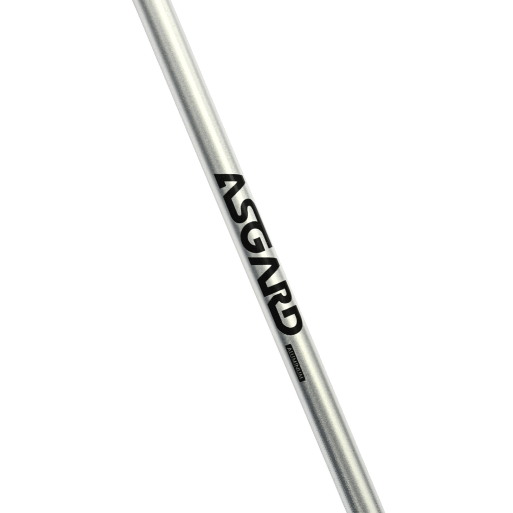 Three close-up views of silver Asgard 7075-T6 aluminum trekking pole shafts